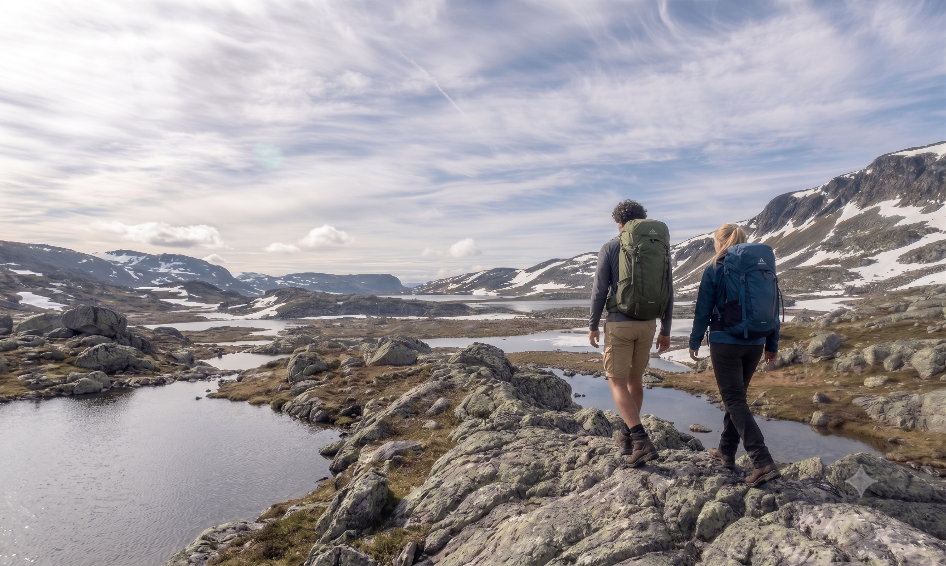 Vidstrakt Hardangervidda-platå med blå vann og dramatiske skyer en sommerdag