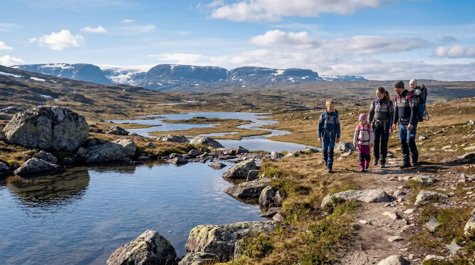 Familie beim Wandern auf der Hardangervidda am Rauland Berghotel